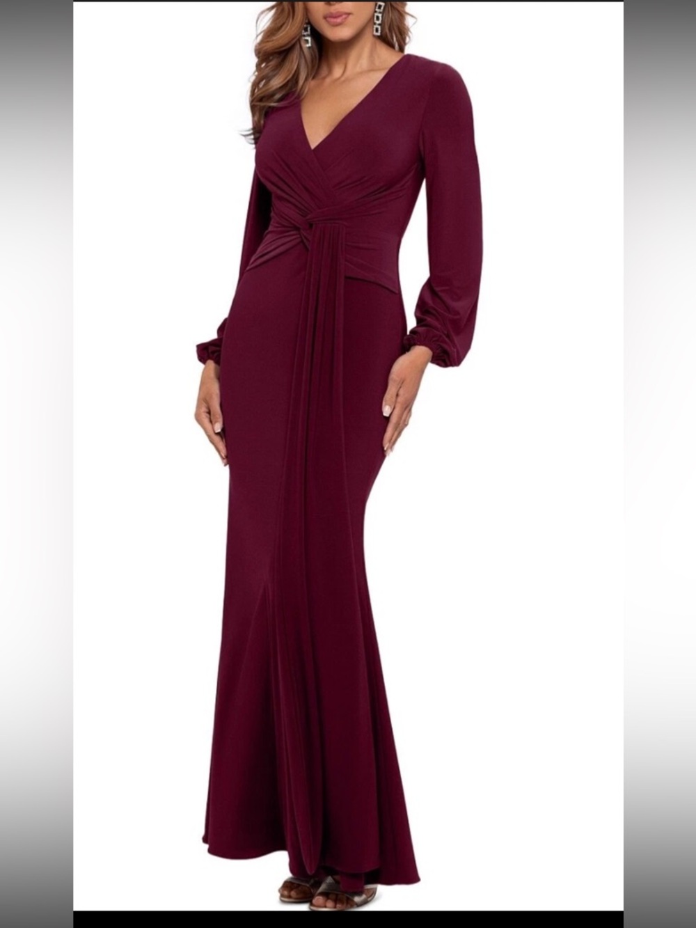 NWT $218 Betsy & Adam Burgundy Long Sleeve Draped V-Neck Maxi Dress Gown 2Petite